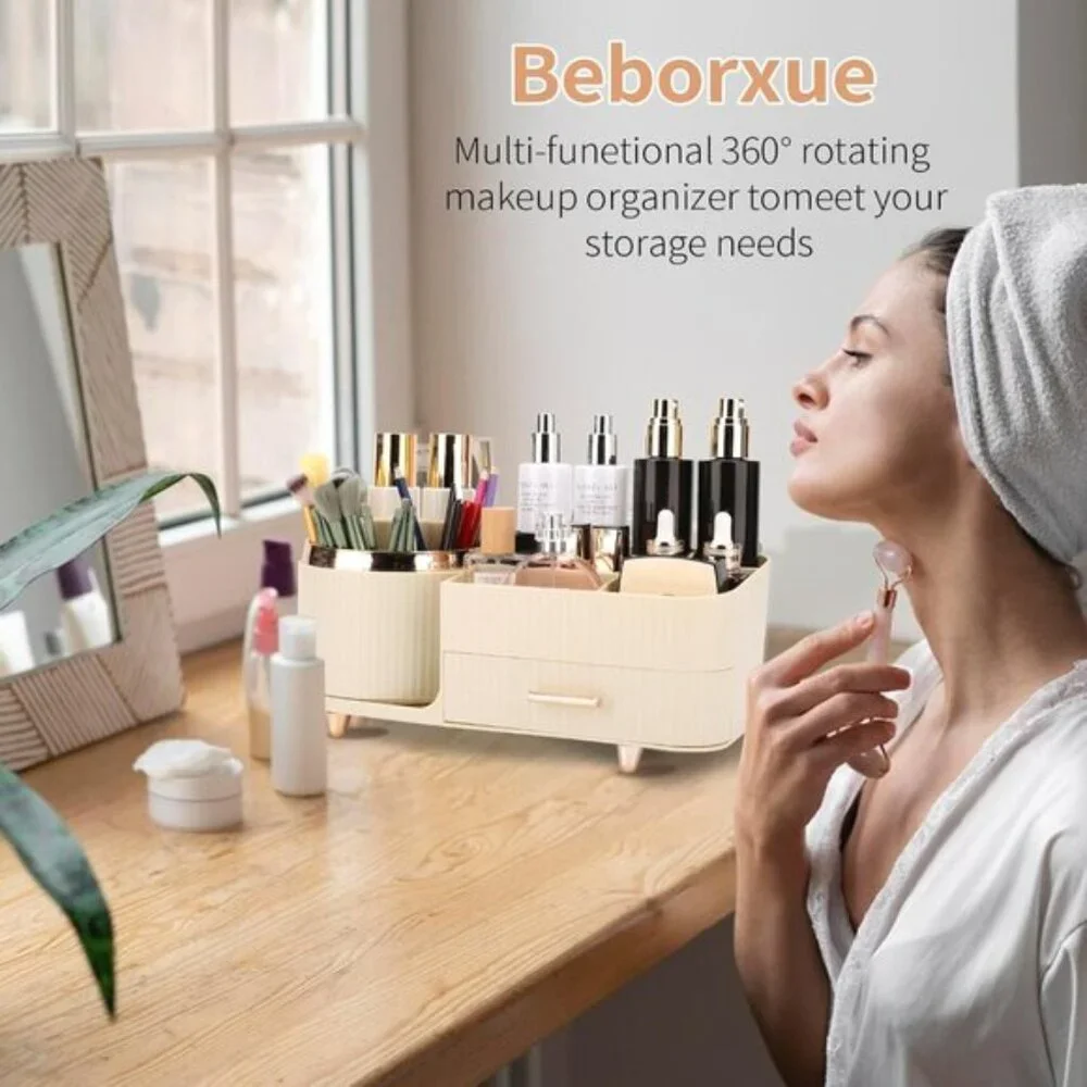 New 360° Rotating Makeup Organizer, Large Rice White Vanity Storage with Drawers